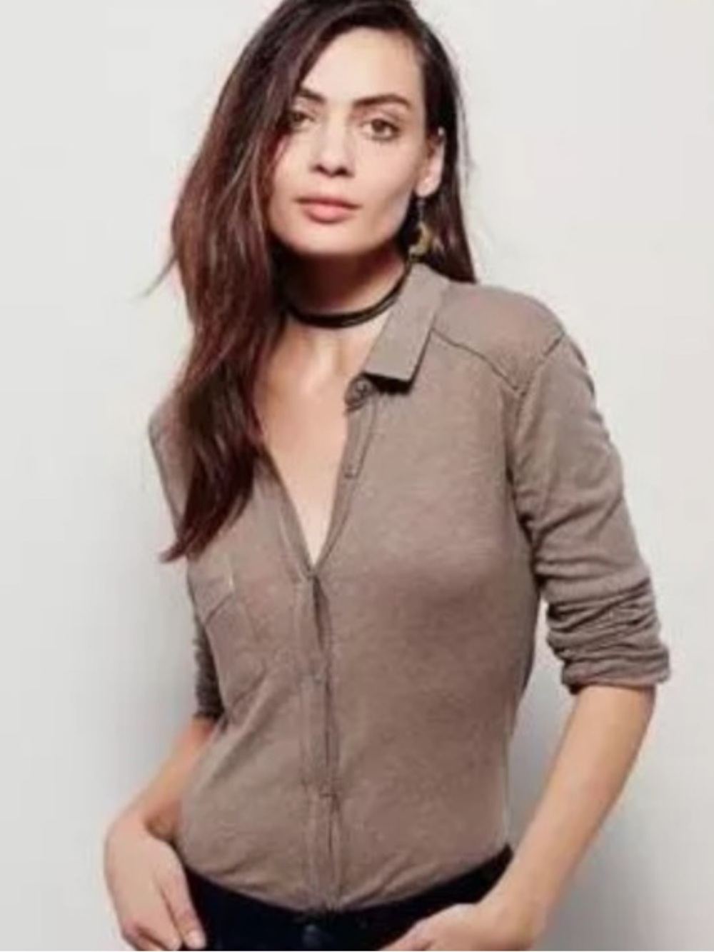Free People "We The Free" shirt brown linen cotton blend with raw edge Trim Sz S